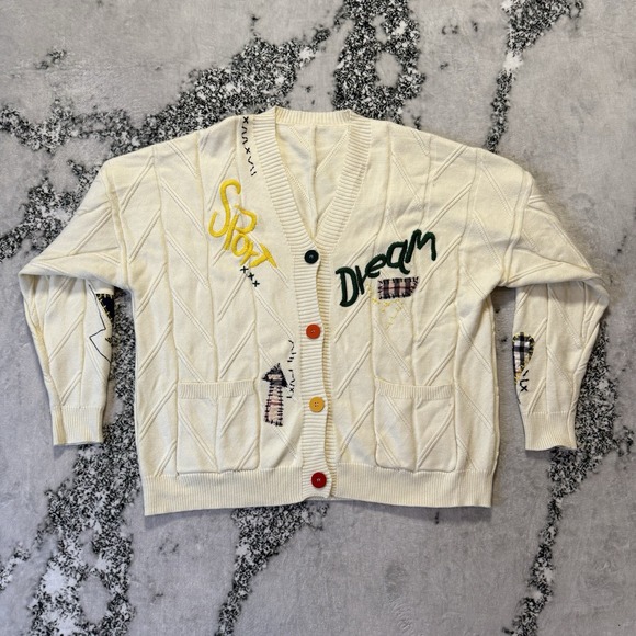 Ebossy Sweaters - Ebossy Sweater Womens Size XXL Cream Embroidered Cable Knit Cardigan Button Down